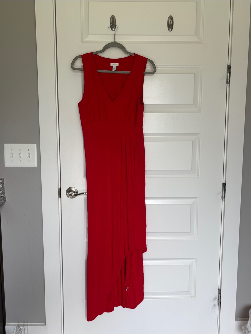 Chico's Vibrant Red Maxi with asymmetrical hem V-Neck Dress